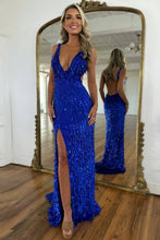 Load image into Gallery viewer, Sparkly Mermaid V Neck Gold Sequins Long Prom Dress with Open Back