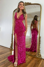 Load image into Gallery viewer, Sparkly Mermaid V Neck Gold Sequins Long Prom Dress with Open Back