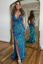 Load image into Gallery viewer, Sparkly Mermaid V Neck Gold Sequins Long Prom Dress with Open Back