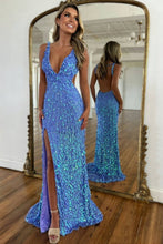 Load image into Gallery viewer, Sparkly Mermaid V Neck Gold Sequins Long Prom Dress with Open Back