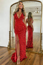 Load image into Gallery viewer, Sparkly Mermaid V Neck Gold Sequins Long Prom Dress with Open Back