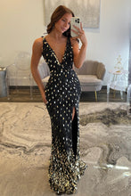 Load image into Gallery viewer, Sparkly Mermaid V Neck Gold Sequins Long Prom Dress with Open Back