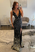Load image into Gallery viewer, Sparkly Mermaid V Neck Gold Sequins Long Prom Dress with Open Back