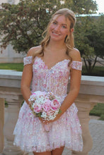 Load image into Gallery viewer, Glamorous A Line Off the Shoulder Light Pink Corset Homecoming Dress with Appliques