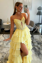 Load image into Gallery viewer, Pretty A Line Sweetheart Yellow Corset Prom Dress with Appliques Ruffles