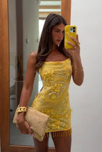 Load image into Gallery viewer, Glamorous Yellow Mini Homecoming Dress with Floral Beaded Embellishment and Fringe Trim Hem