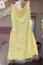 Load image into Gallery viewer, Glamorous Yellow Mini Homecoming Dress with Floral Beaded Embellishment and Fringe Trim Hem