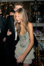 Load image into Gallery viewer, Glamorous Green Embellished Homecoming Dress with Deep V Neck and Layered Skirt Detail