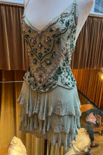 Load image into Gallery viewer, Glamorous Green Embellished Homecoming Dress with Deep V Neck and Layered Skirt Detail
