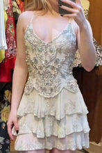Load image into Gallery viewer, Glamorous Green Embellished Homecoming Dress with Deep V Neck and Layered Skirt Detail