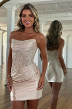 Load image into Gallery viewer, Glamorous Strapless Champagne Homecoming Dress with Beaded Corset and Draped Skirt