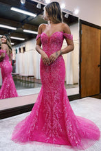 Load image into Gallery viewer, Stylish Fuchsia Long Mermaid Off The Shoulder Prom Dress With Appliques