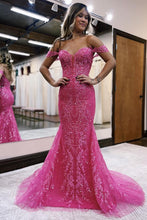 Load image into Gallery viewer, Stylish Fuchsia Long Mermaid Off The Shoulder Prom Dress With Appliques