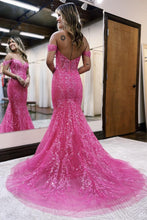 Load image into Gallery viewer, Stylish Fuchsia Long Mermaid Off The Shoulder Prom Dress With Appliques