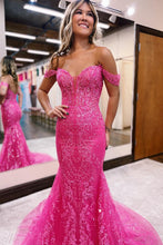Load image into Gallery viewer, Stylish Fuchsia Long Mermaid Off The Shoulder Prom Dress With Appliques