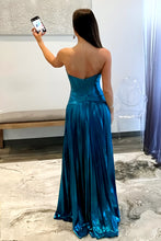 Load image into Gallery viewer, A-Line Peacock Blue Sweetheart Long Metallic A-Line Prom Dress With Leg Slit
