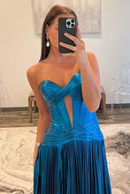 Load image into Gallery viewer, A-Line Peacock Blue Sweetheart Long Metallic A-Line Prom Dress With Leg Slit