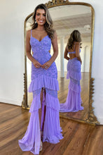 Load image into Gallery viewer, Lavender Sequin Mermaid Spaghetti Straps Sweep Train Prom Dress With Slit