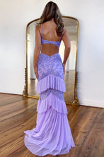 Load image into Gallery viewer, Lavender Sequin Mermaid Spaghetti Straps Sweep Train Prom Dress With Slit
