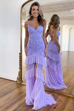 Load image into Gallery viewer, Lavender Sequin Mermaid Spaghetti Straps Sweep Train Prom Dress With Slit