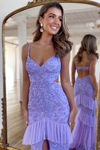 Load image into Gallery viewer, Lavender Sequin Mermaid Spaghetti Straps Sweep Train Prom Dress With Slit