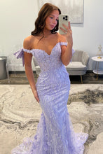 Load image into Gallery viewer, Charming Mermaid Off the Shoulder Lavender Long Prom Dress with Sequined Lace