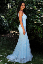 Load image into Gallery viewer, Gorgeous Mermaid Spaghetti Straps Light Blue Long Prom Dress with Appliques