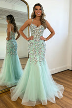 Load image into Gallery viewer, Glitter Mermaid Sequin Mint Green Spaghetti Straps Corset Prom Dress with Tulle Skirt