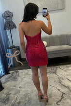 Load image into Gallery viewer, Sparkly Bodycon Halter Neck Light Pink Corset Homecoming Dress with Beading