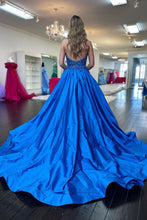 Load image into Gallery viewer, Goegeous Blue A-Line Deep V-Neck Long Satin Prom Dress with Sequin