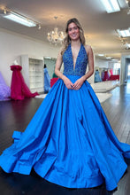 Load image into Gallery viewer, Goegeous Blue A-Line Deep V-Neck Long Satin Prom Dress with Sequin