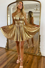 Load image into Gallery viewer, Gold A-Line Halter Neck Short Metallic Homecoming Dress