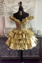 Load image into Gallery viewer, Gold A-Line Off The Shoulder Lace Up Short Tiered Metallic Homecoming Dress