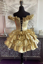 Load image into Gallery viewer, Gold A-Line Off The Shoulder Lace Up Short Tiered Metallic Homecoming Dress