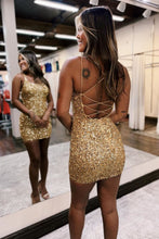 Load image into Gallery viewer, Gold Sequin Bodycon Lace Up Short Homecoming Party Dress