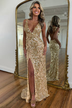 Load image into Gallery viewer, Sparkly Mermaid V Neck Gold Sequins Long Prom Dress with Split Front