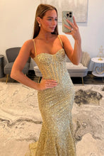 Load image into Gallery viewer, Shiny Light Blue Mermaid Spaghetti Straps Long Beaded Prom Dress