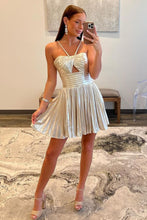 Load image into Gallery viewer, Gold A-Line Halter Neck Short Metallic Homecoming Dress