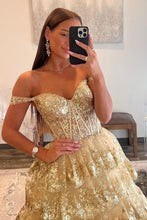 Load image into Gallery viewer, Gorgeous Gold A-Line Off The Shoulder Lace Up Long Prom Dress with Sequin