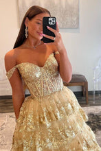 Load image into Gallery viewer, Gorgeous Gold A-Line Off The Shoulder Lace Up Long Prom Dress with Sequin