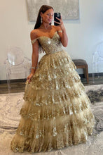 Load image into Gallery viewer, Gorgeous Gold A-Line Off The Shoulder Lace Up Long Prom Dress with Sequin
