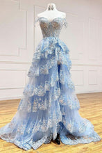 Load image into Gallery viewer, Gorgeous A-Line Light Blue Off The Shoulder Sparkly Tiered Long Prom Dress With Split