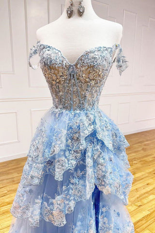 Gorgeous A-Line Light Blue Off The Shoulder Sparkly Tiered Long Prom Dress With Split