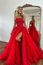 Load image into Gallery viewer, Stunning Glitter A-Line Spaghetti Straps Court Train Tulle Prom Dress With Split