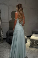 Load image into Gallery viewer, Gorgeous A Line Off the Shoulder Light Blue Long Prom Dress with Beading