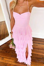 Load image into Gallery viewer, Gorgeous A Line Spaghetti Straps Pink Long Prom Dress with Ruffles