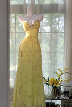 Load image into Gallery viewer, Gorgeous A Line Spaghetti Straps Yellow Long Prom Dress with Appliques Beading