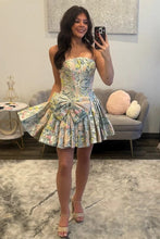 Load image into Gallery viewer, Gorgeous A Line Strapless Light Green Floral Printed Corset Homecoming Dress with Bowknot