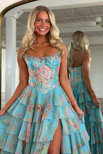 Load image into Gallery viewer, Gorgeous A Line Strapless Yellow Printed Corset Prom Dress with Beading Ruffles