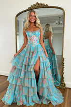 Load image into Gallery viewer, Gorgeous A Line Strapless Yellow Printed Corset Prom Dress with Beading Ruffles
